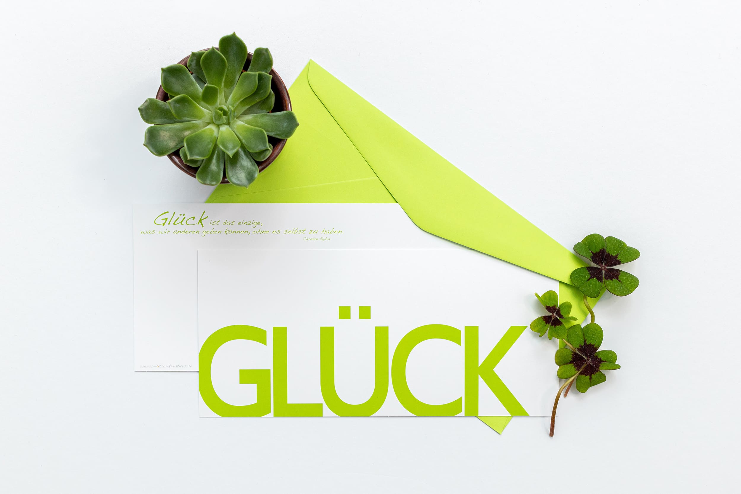 Grußkarte "GLÜCK" mit passenden Accessoires: Sukkulente und Glücksklee