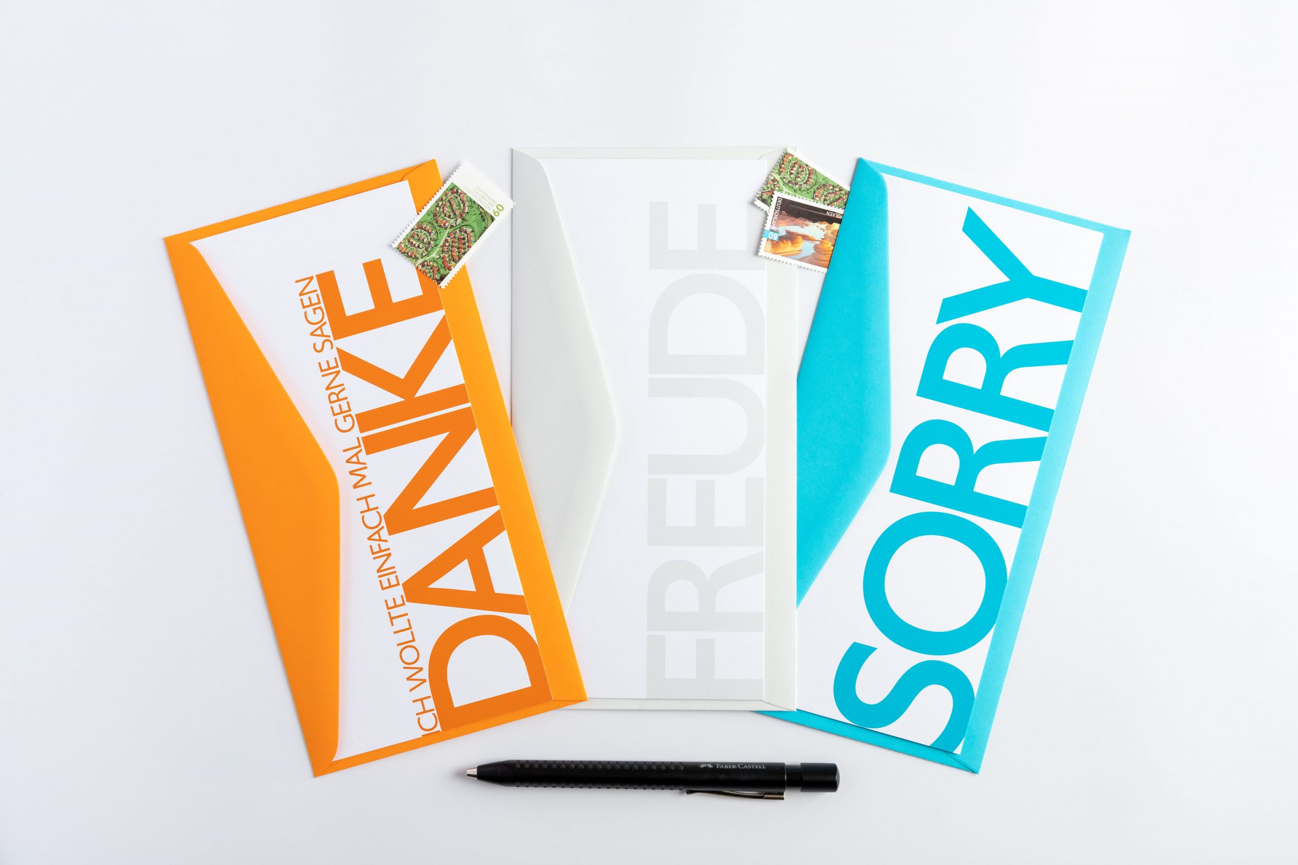Grußkartenset "SOS" bestehend aus den Wörterkarten "DANKE", "FREUDE" und "SORRY"